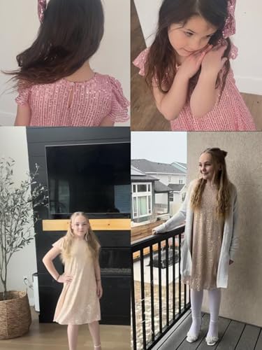 LQSZ Girls Sparkly Sequin Party Dress with Hairbow Flutter Sleeves Elegant Prom Wedding Concert for 3-12 Years3