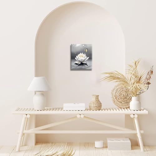 Image of Framed Zen Lotus Flower Wall Art,White Lotus and Butterfly Canvas Prints