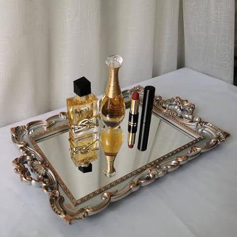 Yamfurga Shell Rectangle Decorative Mirror Tray, French Style, Makeup Organizer, Jewelry Organizer, Serving Tray, 9.3"x 14.9", Golden Silver Cover
