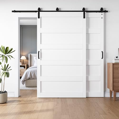 SmartStandard 30x84 Inch White Double Barn Door Set – 5-Panel MDF Sliding Doors with 6FT Bypass Barn Door Hardware Kit, Space-Saving Design, Easy Installation (Pre-Drilled Holes) 30" x 84"(D