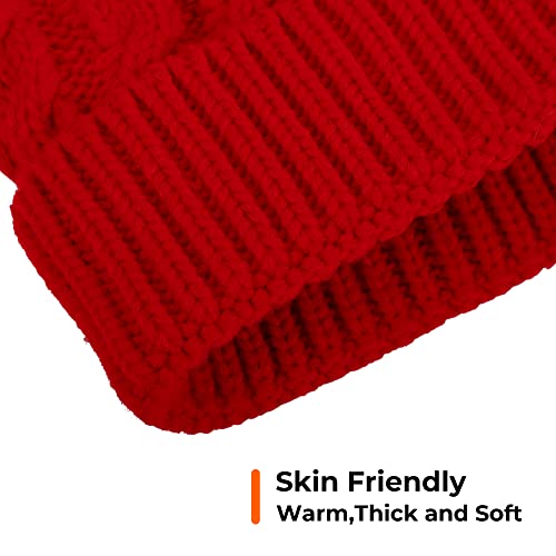 Women's Winter Soft Knit Beanie Hat With Faux Fur Pom Pom,Red #TOP1