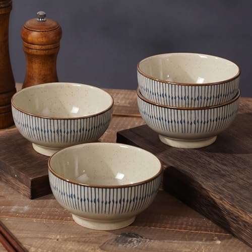 Image of Japanese Style Ceramic Rice Bowls - Set of 4 | Stackable Serving Bowls With Blue Striped Design | Mixing Bowl for Soup, Cereal, Snacks, Fruits | Microwave Safe | Perfect for Gifting & Daily Use