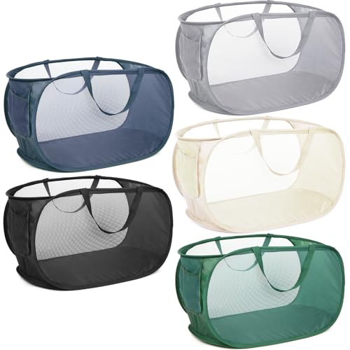 Image of 5 Pcs Durable Collapsible Laundry Baskets, Foldable Laundry Basket Large Opening, Pop Up Laundry Hamper with Pocket, Clothes Hamper with Handles for Laundry, Bathroom, Kids Room, Dorm or Trave