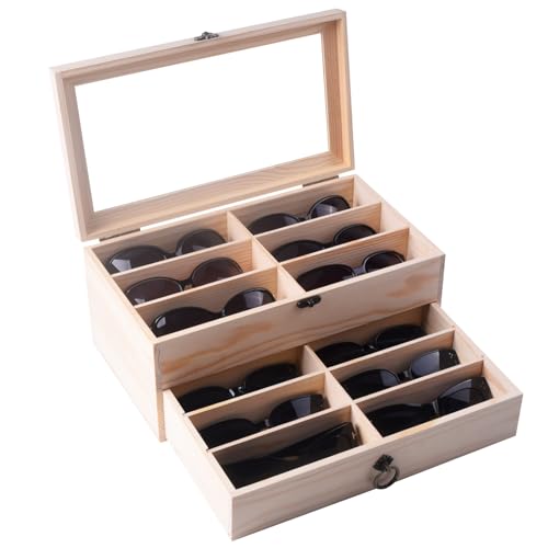 Image of AUTOARK Pine Wood 12 Piece Eyeglass Storage Display Case Organizer,AW-171 | Sunglass Glasses Display,Drawer Lockable,DIY Colors