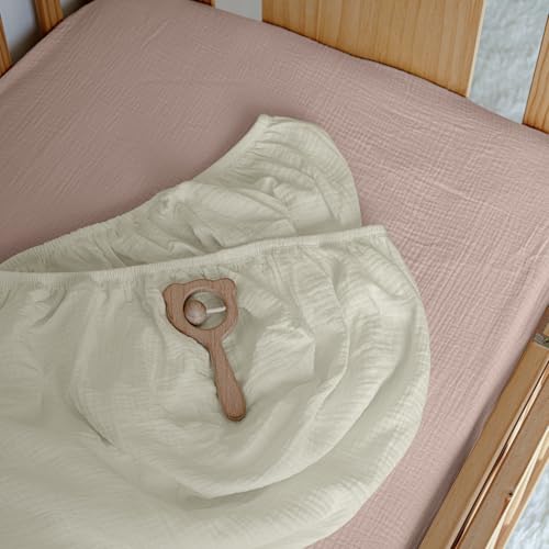 Image of Muslin Bassinet Fitted Sheets 2 Pack, Soft Breathable Cotton Baby Bassinet Mattress Sheet Set, 360 Elastic Snug Fit, Universal for Oval, Rectangle (Gentle Colors, Pack N Play Sheets 2 Pack)