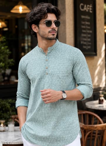 Image of Majestic Man Men's Cotton Regular Fit Short Printed Designer Kurta