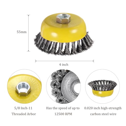 Image of 2 Pcs Twisted Knotted Wire Cup Brush for Angle Grinder - [4 Inch] for Paint Stripping Cleaning Rust Duty Abrasive, 5 /8 Inch-11 Threaded Arbor, .020 Carbon Steel Wire, Yellow