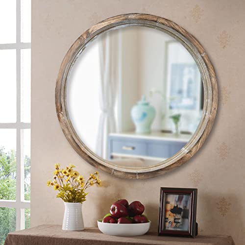 Woocafo Round Mirror With Wood Frame, 30 Inch Wall-Mounted Decorative Rustic Circle Mirror, Farmhouse Style Hanging Wall Mirror For Bathroom Vanity, Entryway, Living Room Or Bedroom. #TOP3