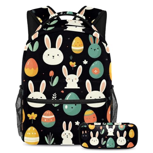 Sac à dos noir œuf de lapin de Pâques avec trousse pour adolescents et enfants