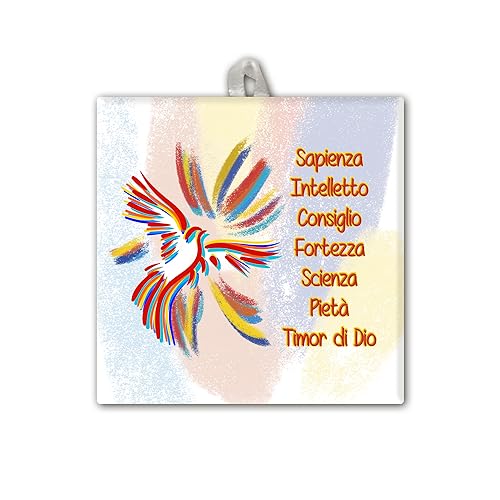 Fratelli Bonella | Piastrella in Ceramica con lo Spirito Santo e i Sette Doni in Scatola Regalo 10x10 cm | Made In Italy