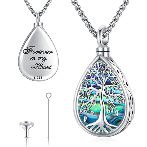 Odinstone Tree of Life Urn Necklace for Ashes, Heart Crystal Urn Necklace for Women, Sterling Silver Cremation Jewelry for Ashes, Sterling Silver, Crystal