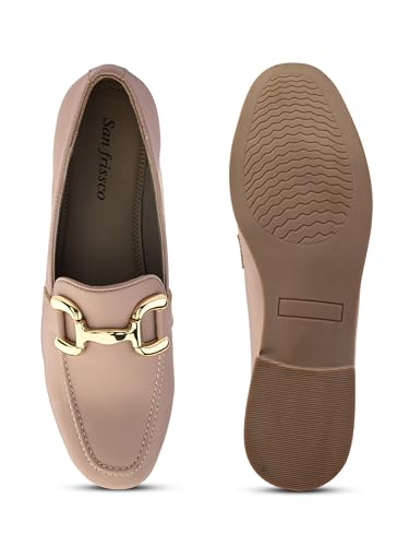 Image of San Frissco Women's Loafers | Solid Round Toe Slip-On Shoes for Women PU Moccasins with Horsebit & Buckle | Comfortable $ Lightweight for Casual, Office & Daily Use