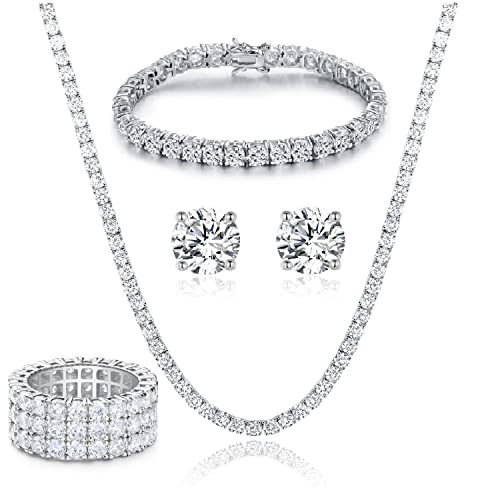 Gemsme 18K White Gold Plated Tennis Necklace/Bracelet/Earrings/3 Row Ring Sets Pack of 4 (8)