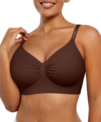 Image of SHAPELLX Stretchy Bra Wireless Comfy Bralatte Lounging Everyday Bra Brown L | No wire, light support, unpadded, 4-row hook, comfort, breathable, seamless, back smoothing, for lounge sleeping daily wear