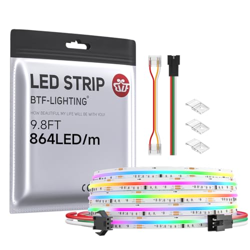 BTF-LIGHTING FCOB COB RGB WS2811 IC Addressable LED Strip DC24V 3m 864LEDs/M 12mm White PCB Chasing Colour Flexible High Density LED Rope IP30 Non Waterproof for Indoor Decoration(Only LED Strip)