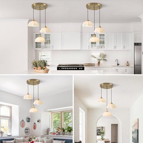 Image of 3 Lihgt Minimalist Style Ceiling Hanging Lamp 7.8 inch White Dome Glass Lampshade Brass Finish Ceiling Light Nordic Retro Pendant Light for Kitchen Island Bedroom Bedside