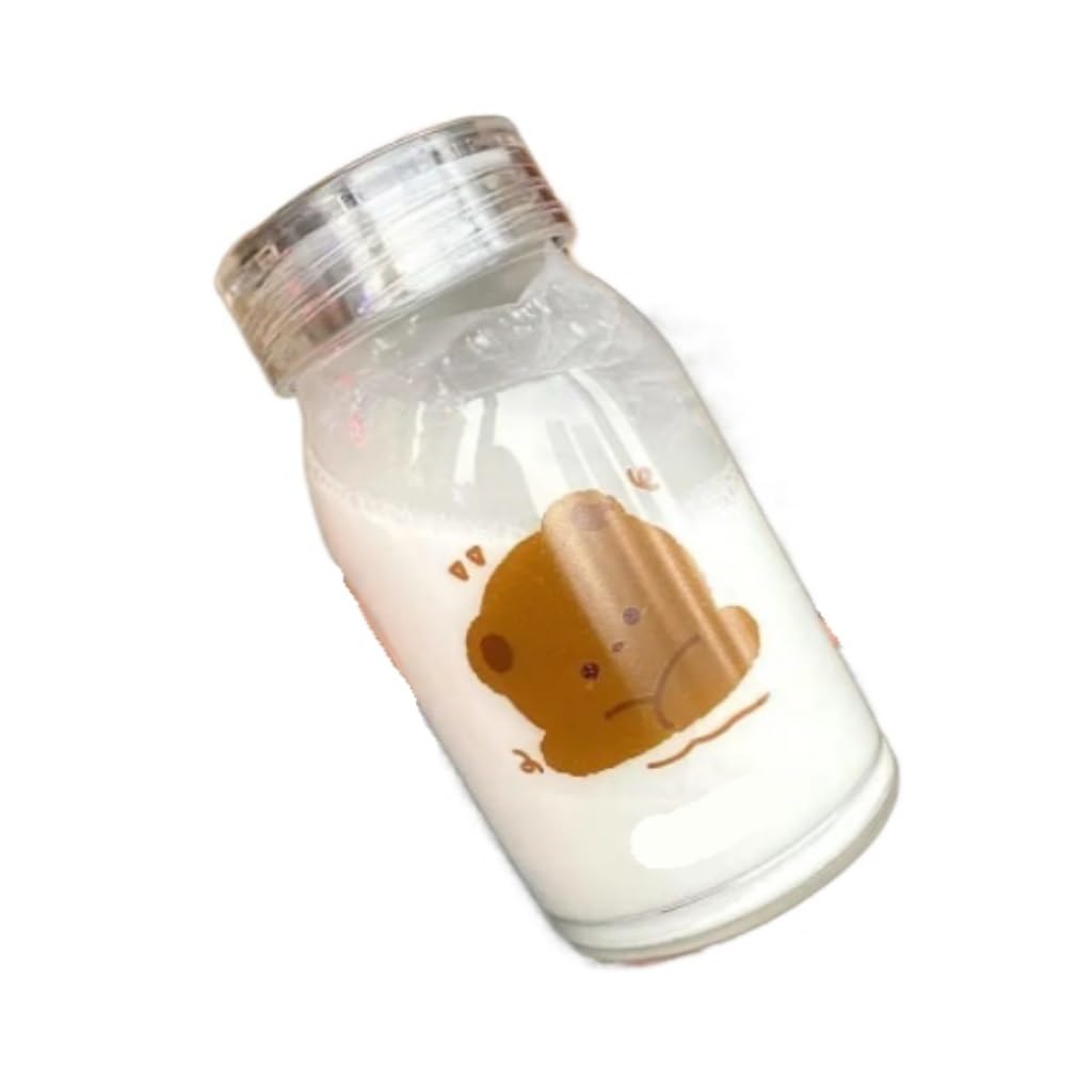 Bicchiere d'Acqua in Vetro Trasparente con Cinturino in borosilicato Resistente al Calore, con Motivo a Orso Marrone, Scuola e Sport