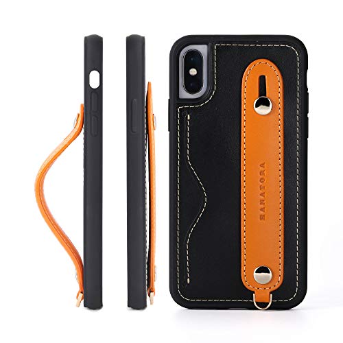 HANATORA iPhone Xs/X グリップケース レザー 本革 ストラップ付属 イタリア製牛革 ヌメ革 片手操作 カード収納 スタンド機能 メンズ レディース ブラック/オレンジ CGH-Xs-Black-OG