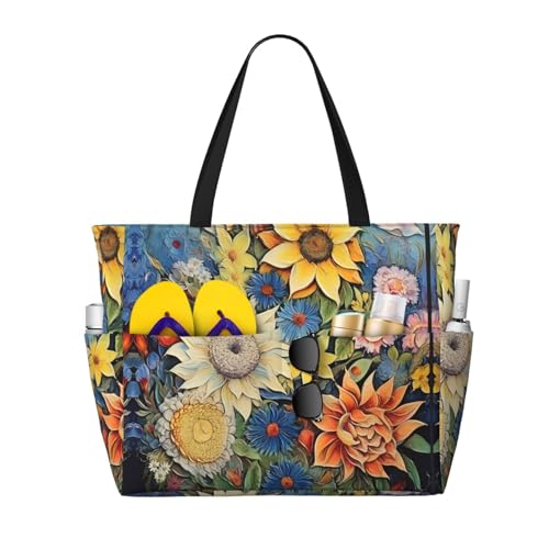 Large Capacity Beach Bag Women Print Tote Bag Waterproof Beach Bag Reusable Travel BagOil on Canvas Sunflower