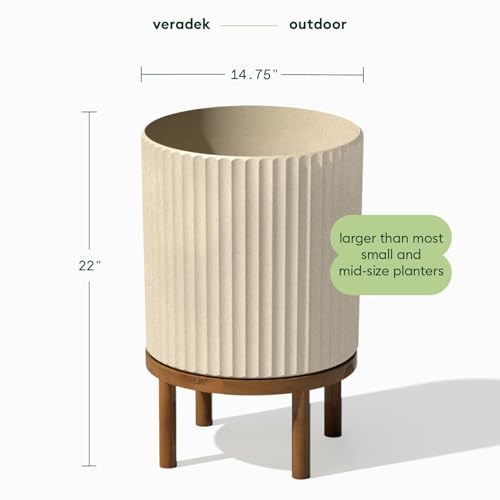 Image of Veradek Demi Series Raised Planter - Round Planter with Stand | Made From a Durable Plastic-Stone Composite & Comes With Wooden Stand. Modern Porch /Patio Decor
