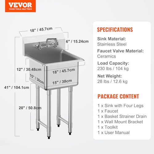 VEVOR Stainless Steel Prep & Utility Sink, 1 Compartment Free Standing Small Sink Include Faucet & legs,commercial Single Bowl Sinks for Garage, Restaurant, Kitchen, Laundry