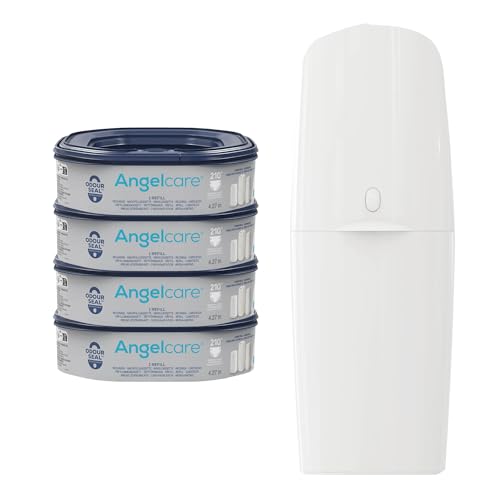 Angelcare Poubelle à Couches Classic XL avec 4 Recharges octogonales Poubelle à Couches (4 mois, 720 couches emballées) – Anti-Odeur Haute Capacité