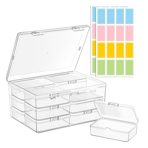 zoeynex Medium Plastic Organizer Boxes, 12 Clear Containers with Hinged Lids, for Beads, Jewelry, Crafts, Electronics, Hardware, School Supplies (32 Labels)