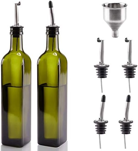 Mtophs [2 PACK] 17 oz Olive Oil Dispenser Glass Bottle Set - 500ml Oil & Vinegar Drizzler Bottle with Auto Flip Pourers, Funnel Dark Green