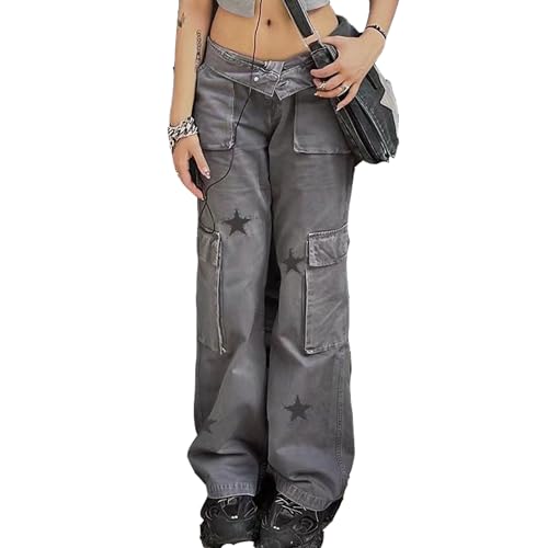 MEINVQIAOTI American Retro Stars Multiple Pockets Cargo Jeans for Women Jogger Baggy Goth Pants