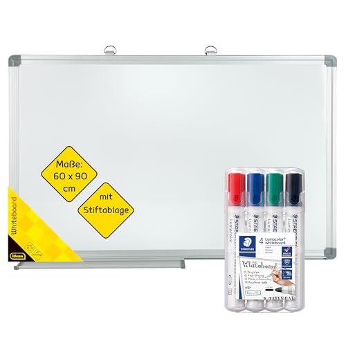 Idena 90879 - Pizarra blanca con bandeja para rotuladores, aprox. 90 x 60 cm, incl. 4 rotuladores STAEDTLER Lumocolor para pizarra blanca con punta redonda de aprox. 2 mm de ancho de trazo
