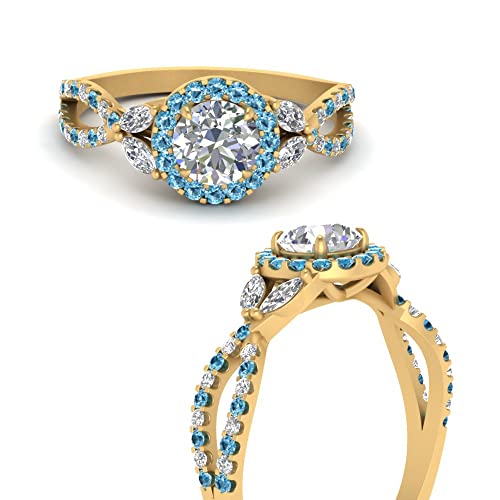 Image of Choose Your Gemstone Floral Split Shank Halo Engagement Ring Yellow Gold Plated Round Shape Split Shank Engagement Ring Lightweight Office Wear Everyday Gift Jewelry US Size 4 to 12