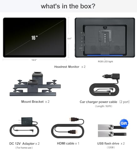 Image of 16 inch Car TV Headrest Monitor for Cars Back seat Universal Rear Entertainment System, Support Phone Wireless Mirror Link Touch Screen 4K,with WiFi /Bluetooth /HDMI /USB /Video Player (2G+32G(2*PCs))