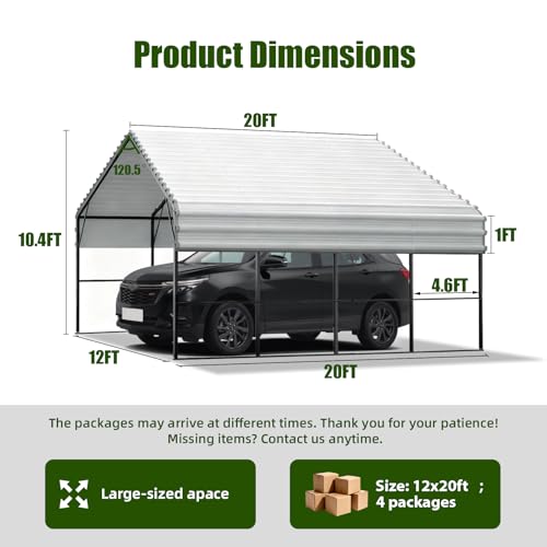 Image of 12x20ft Carport Outdoor Heavy Duty Metal Carport Canopy Steel Roof All-Weather Multi-Use Garage Shelter for Car, Boat, Tractor and Truck