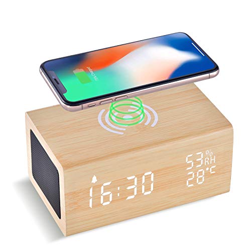 Digital Alarm Clock with 10W Wireless Charging and Bluetooth Speaker