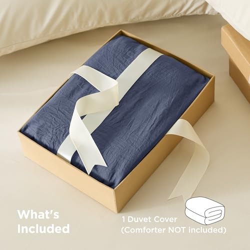 Image of Bedsure Prewashed Navy Duvet Cover King Only, Cotton-Like Feel | 1 Duvet Cover Only, No Pillow Shams, Ultra Soft, Relaxed Texture, Zipper Closure, 8 Corner Ties, Year-Round, Easy Care