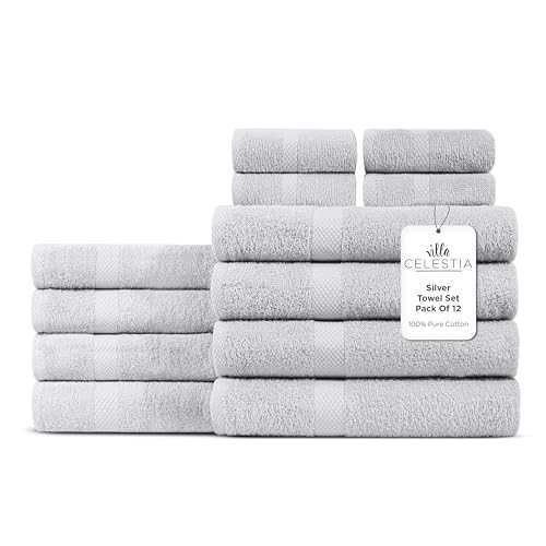 Image of 12-Piece 100% Cotton Towel Set, 4 Bath Towels, 4 Hand Towels, 4 Wash Cloth, Quick-Dry, Silver