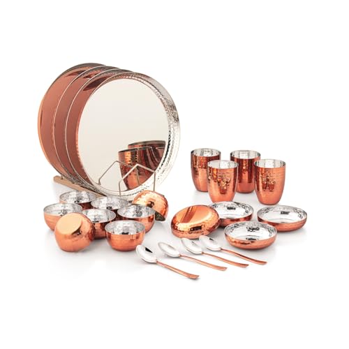 Image of Silverglow Hammered Stainless Steel Copper Dinner Set for 4 People, Pure-Copper thali Set of 24pcs, Durable, Ideal Gift for Anniversary, Wedding, Diwali, Hotel thali