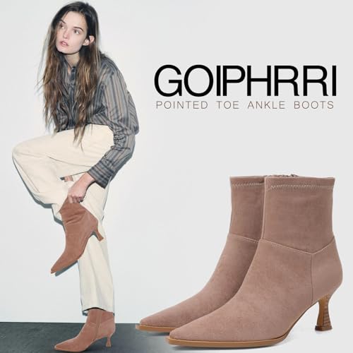 Goiphrri Ankle Boots for Women Kitten Heel Boot Pointed Toe Stiletto Heel Booties Side Zipper Dress Short Booties Elastic Fashion Trendy Fall Boots for Women3