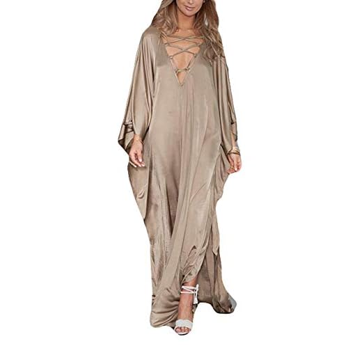 Bsubseach 2025 Long Kaftan Dresses Muumuu Plus Size V Neck Vintage Caftan Coverup Sexy Satin Dress E-gold One Size