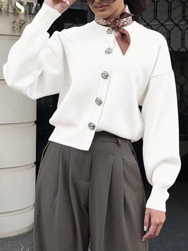 Saodimallsu Womens Button Up Cardigan Sweaters Fall Trendy Long Lantern Sleeve Knit Crew Neck Sweater Jacket2