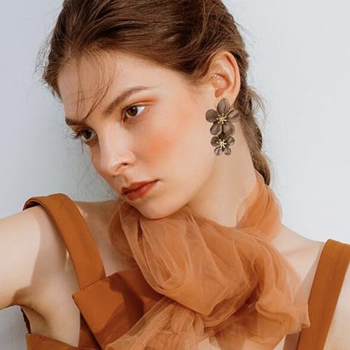 GPASTG Elegant Bohemian Large Metal Double Flower Matt Earring Chic Statement Dangle Drop Wedding Earrings For Women Cute Statement Jewelry Gifts2