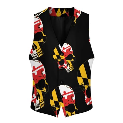 Maryland Flag Skull Head Men's Formal Suit Vest for Business Formal Or Casual Dress Waistcoat Wedding4