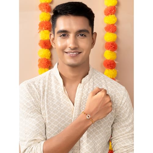 Image of Peora Om Shree Ram Swastik Rakhi for Brother Bhaiya | Crystal & Beads Studded | Red Thread | Raksha Bandhan Hamper with Roli Chawal Greeting Card