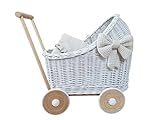 WIKLIBOX White Rattan Doll Stroller - Hand Made in Europe - Includes Bows and Bedding - Wood Handle,...