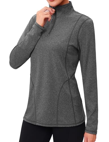 Terecey Sports Tops for Women UK Half Zipper Gym Top Wicking Workout Shirts Ladies Fall Winter Long Sleeve Tee for Athletic Exercise, Grey M