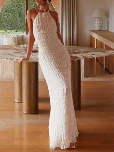 Image of Women Y2k Backless Long Dress Halter Tie Neck Maxi Dress Flowy Beach Sundress Summer Streetwear