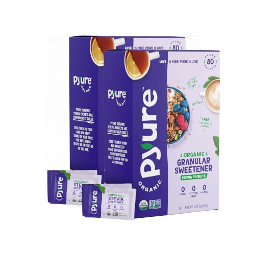 Pyure Organic Stevia Packets | Granulated Sugar Packets - White Sugar Substitute | Zero Carb, Zero Sugar, Zero Calorie Sweetener Packets | Plant-Based Stevia Packets for Keto Coffee | 80 Count