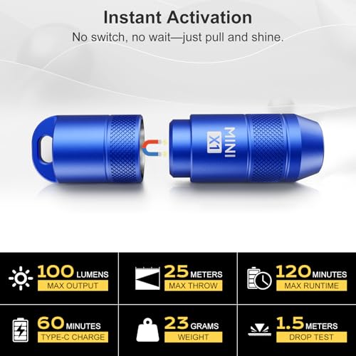 Image of Mini Keychain Flashlight - Instant On Pull to Light, 100 Lumens Tiny EDC Flash Light, USB-C Rechargeable Micro LED Torch, Waterproof IPX6, for Everyday Carry, Emergency & Outdoor Use (Blue)