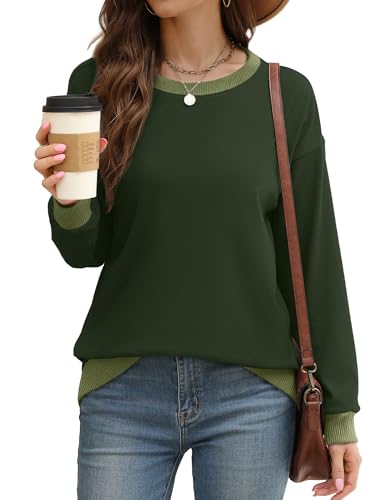 Image of Saloogoe Sweatshirts for Women Crewneck Long Sleeve Loose Fit Tops Color Block Ribbed Trim Fashion 2025