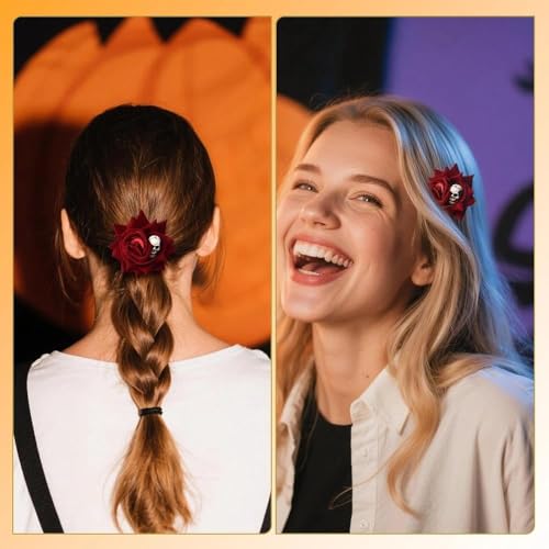 Pinza de cabello rosa Halloween con flores y calavera miniatura 2